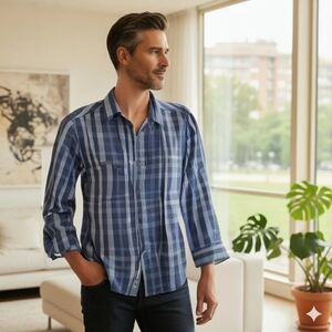 Bugatchi Classic Fit Blue Plaid Button-Up Shirt (SH-28)